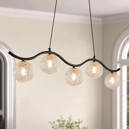 Vista 11 de Lámpara de techo semiempotrada de 5 luces Sputnik color negro, lámpara de techo Sputnik moderna de mediados de siglo, globo de vidrio transparente