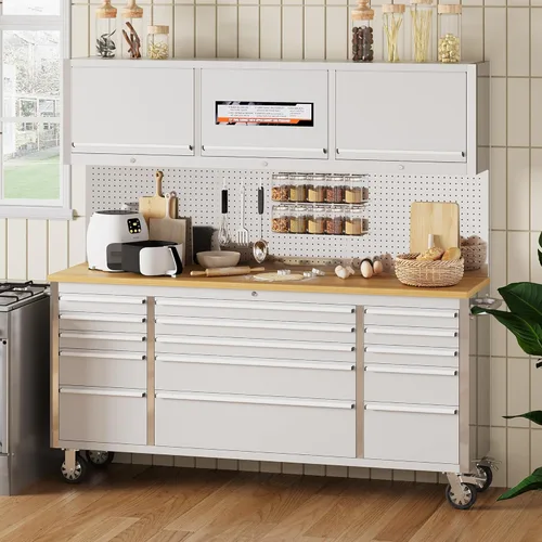 Vista 8 de Cofre de herramientas con ruedas de 72 pulgadas con 15 cajones, parte superior de banco de trabajo de madera de goma, acero antihuellas, ruedas