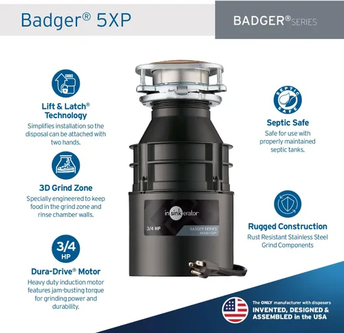 Vista 2 de InSinkErator Badger 5XP Triturador de basura con cable, Serie estándar 3/4 HP de alimentación continua para eliminación de residuos de alimentos