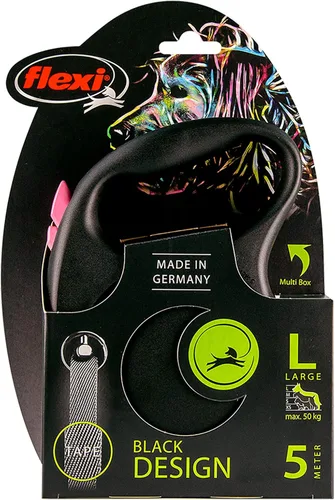 Vista 4 de Flexi Cinta de diseño negro rosa, correa retráctil grande de 16.4 ft para perros de hasta 110.2 lbs/110 libras