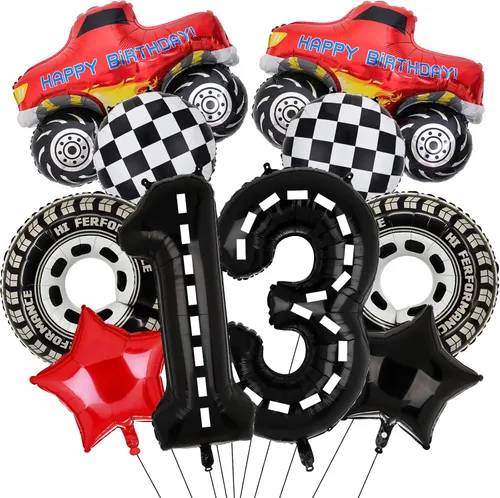 Vista 8 de Decoraciones de fiesta de camiones, 9 globos de aluminio con número de cumpleaños para camión, 1er cumpleaños, carreras, autos, suministros