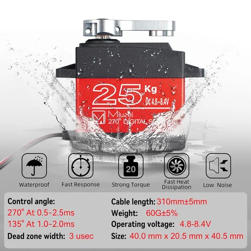 Vista 7 de Servo RC de 25KG de alto par, Miuzei Servo Motor impermeable compatible con coche RC 1/8, 1/10, dirección de engranaje metálico completo con asta
