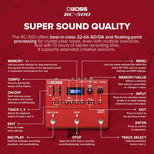 Vista 4 de BOSS RC-500 Loop Station Looper Avanzado de Dos Pistas con Mezcla Integrada y Opciones de Control Profundo Calidad de Sonido Líder en su Clase