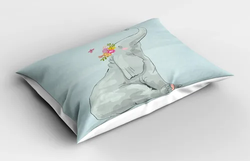 Vista 2 de Ambesonne Elephant Nursery Pillow Sham, Elephant and Little Mouse Friendship Fun Art Hand Drawn Flowers Design, Decorative Standard Size Printed