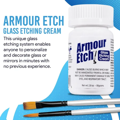 Vista 4 de Crema para Grabado de Vidrio Armour Etch - Tamaño Inicial de 2.8oz - Incluye Pinceles de Aplicación Moshify