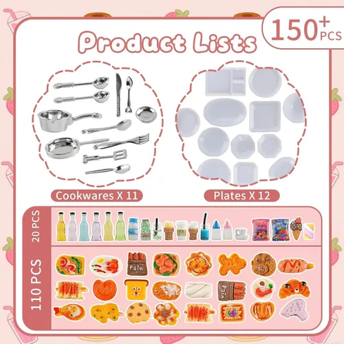 Vista 2 de HKLMRO 150 piezas de botellas de comida y bebida en miniatura, latas de refresco para casa de muñecas de adultos, juguetes de simulación de cocina