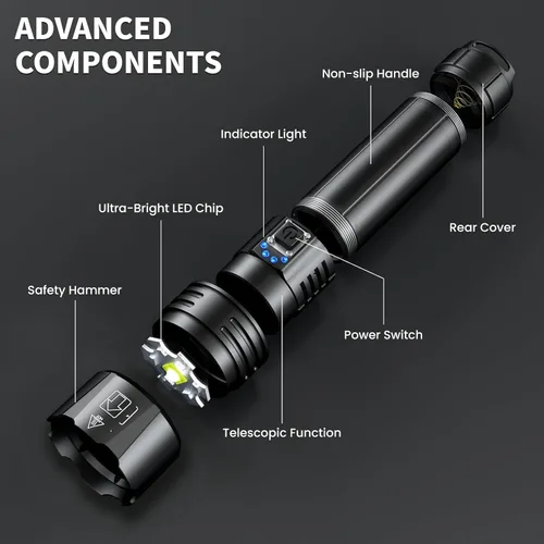 Vista 8 de Lylting Linternas recargables de alto lúmenes, 90.000 lúmenes, linterna LED súper brillante con cable USB, 5 modos, potente linterna impermeable