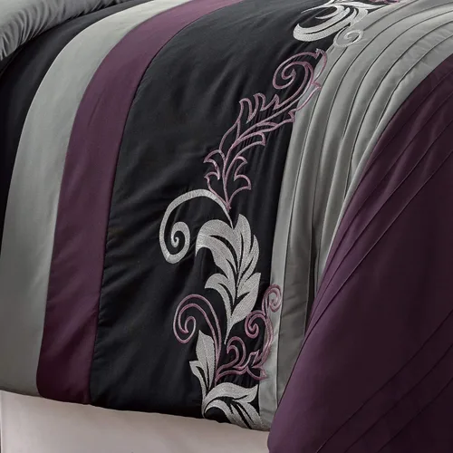 Vista 8 de Chezmoi Collection Napa - Juego de edredón de lujo de 7 piezas con bordado de hojas (King, morado/negro/gris)