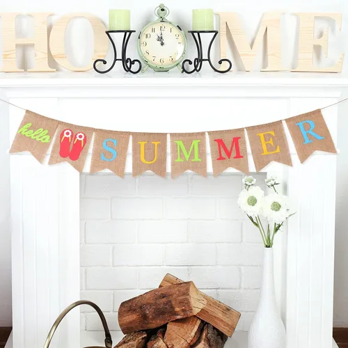Vista 3 de Tatuo Cartel de Hello Summer - Guirnalda rústica de arpillera para decoración de verano, decoración colgante para puerta, mantel de chimenea