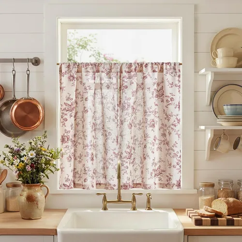 Vista 18 de JINCHAN Cortinas florales de cocina de 24 pulgadas, cortinas de lino de varios niveles, cortinas de granja de estilo cafetería, cortinas para media