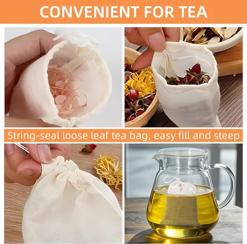 Vista 4 de TamBee Bolsa de té de malla de muselina con cordón de 3 x 4 pulgadas, bolsas de té reutilizables, bolsa de filtro de té para hojas sueltas, hierbas