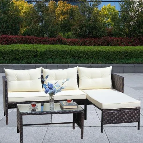 Vista 2 de Sofá al aire libre, juego de muebles de mimbre de ratán de 3 piezas con cojines beige, muebles de porche duraderos para balcón