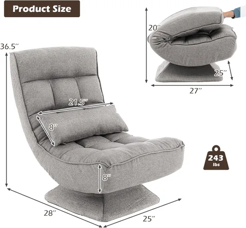 Vista 3 de Giantex Silla giratoria ajustable para el suelo, silla de videojuegos de 5 posiciones con base giratoria, marco de acero, almohada lumbar de masaje