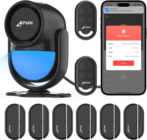 Vista 14 de CPVAN Alarma de Sensor de Movimiento de Alto Volumen de 125dB con Control Remoto de 328 pies (Detector PIR de 40 pies, Baterías), Detector