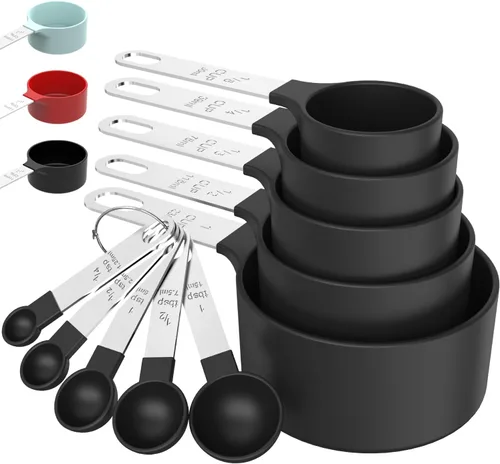 TILUCK Juego de tazas y cucharas medidoras, tazas y cucharas apilables, tazas medidoras anidables con mango de acero inoxidable, accesorios de Negro