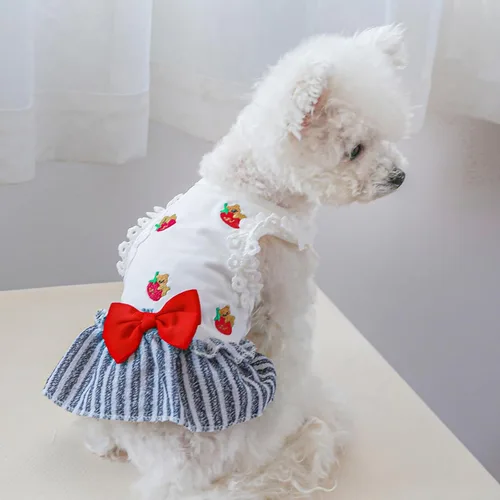 Vista 2 de Vestidos de verano para cachorros, elegante, vestido de encaje con lazo, ligero, transpirable, de algodón, ropa de gato para peluche, pomerania