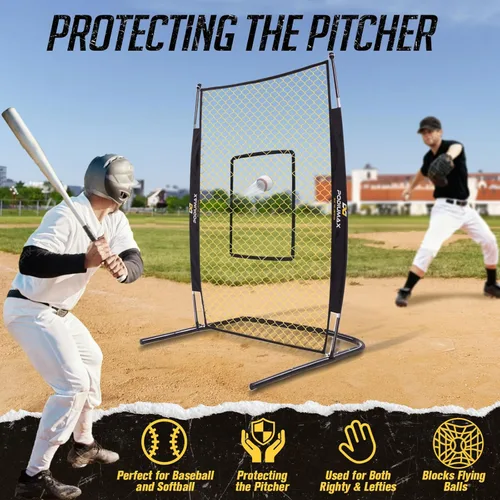 Vista 6 de PodiuMax Pantalla de lanzamiento de béisbol de 7 x 4 pies con zona de ataque, red de bateo con base en forma de U mejorada, red de lanzamiento