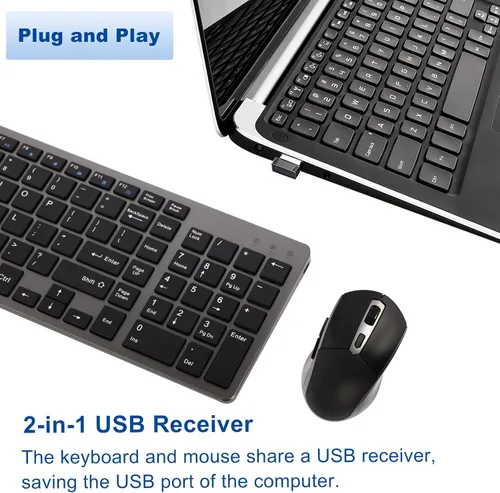 Vista 4 de Teclado y mouse inalámbricos recargables, teclado compacto delgado inalámbrico de 2.4 G y mouse ergonómico silencioso para computadora con botón