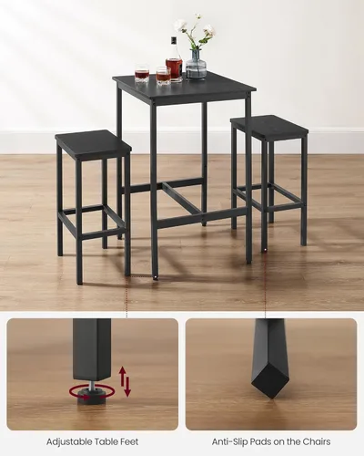 Vista 8 de VASAGLE - Juego de mesa de bar y sillas, mesa cuadrada con 2 taburetes, juego de pub para comedor para 2, ahorro de espacio para cocina, desayuno