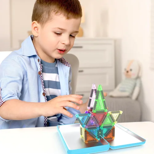 Vista 2 de PicassoTiles Nano Tiles - Juego de construcción de edificios magnéticos con estuche de almacenamiento de estaño, compacto y colorido, juego