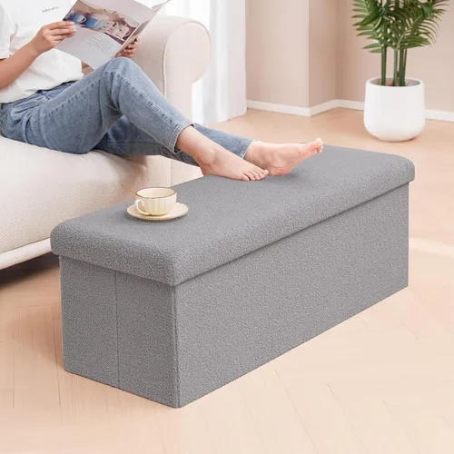Vista 40 de PINPLUS Otomanas otomanas de almacenamiento con forma cuadrada con reposapiés de almacenamiento para sala de estar, asiento otomano Boucle para Gris