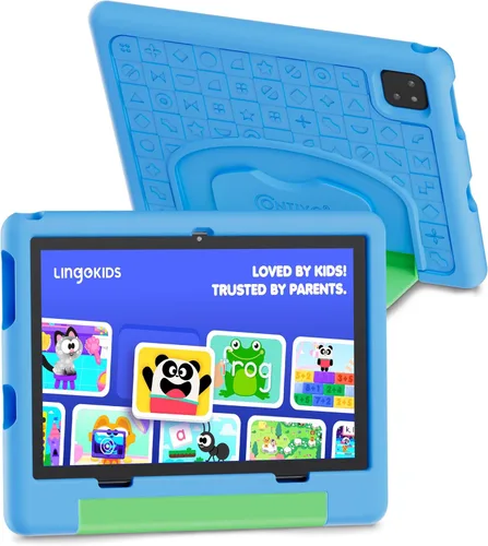 Contixo Tablet A10 para niños con 14 aplicaciones, Lingokids y Epic, pantalla HD de 10.1 pulgadas, Android 15, controles parentales, WiFi, Azul