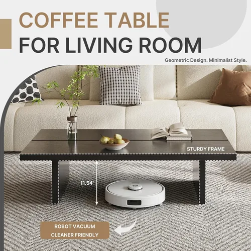 Vista 3 de Mesa de centro rectangular de madera de 47" para sala de estar - Mesa central moderna de perfil bajo con acabado veteado de nogal, mesa minimalista