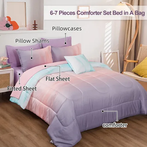 Vista 2 de Dinjoy Juego de edredón para niñas, tamaño individual, colorido, azul, rosa, morado, arcoíris, juego de ropa de cama de 6 piezas en una bolsa