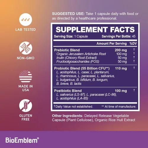 Vista 6 de BioEmblem Probióticos para mujeres y hombres – 55 mil millones de UFC 11 cepas con prebióticos y postbióticos Alcachofa de Jerusalén e inulina