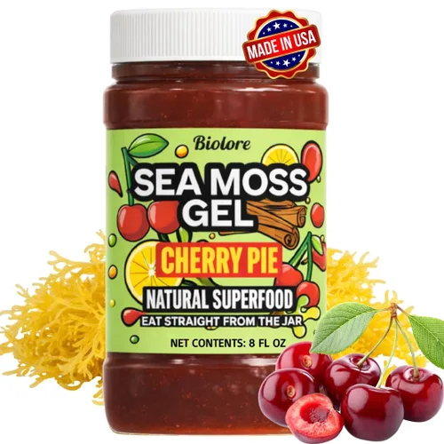 Biolore Pastel de cereza en gel de musgo marino, superalimento saborizado con electrolitos naturales, mermelada de mango silvestre, musgo marino con