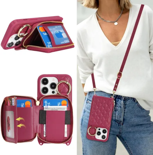 Vista 32 de Funda tipo cartera tipo bandolera para iPhone 11, de piel sintética, con cremallera, tipo cartera, con función atril, con ranuras para tarjetas