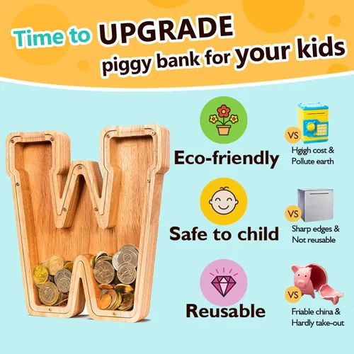 Vista 5 de SummiDate Alcancía de madera de letra para niños y niñas, Alfabeto, regalo de cumpleaños para niños (W)