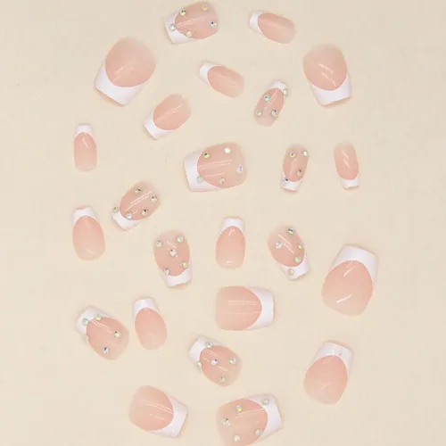 Vista 2 de Uñas postizas cuadradas cortas de color nude, uñas postizas francesas blancas con diseño de diamantes de imitación, uñas brillantes a presión