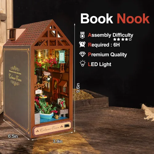 Vista 2 de Rincón de libros, rompecabezas de madera 3D de bricolaje, casa de muñecas LED, decoración de estantería de libros, soporte de libro de ciudad, kit