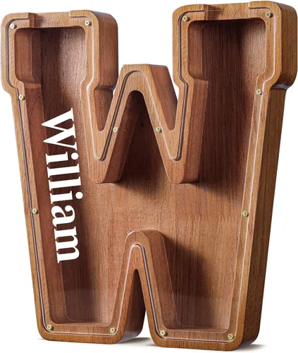 Vista 20 de SummiDate Alcancía de madera de letra para niños y niñas, Alfabeto, regalo de cumpleaños para niños (W)