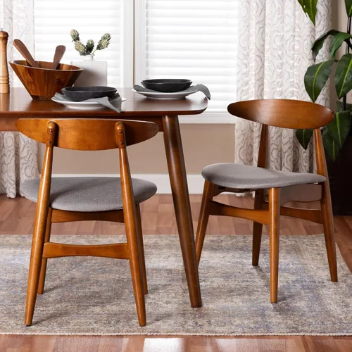 Vista 8 de Baxton Studio Flora II Mid-Century - Banco de comedor de madera con acabado de roble medio, tapizado de tela gris oscuro