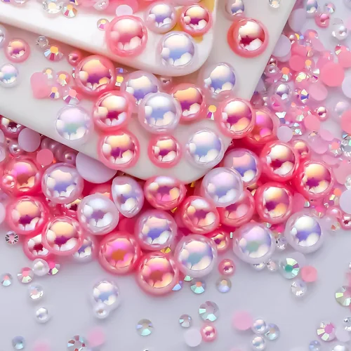 Vista 54 de 60g Perlas de Plata Gris y Diamantes de Imitación para Manualidades Tamaño Mixto 3mm-10mm Color AB Perlas Redondas Mitad Planas y Diamantes