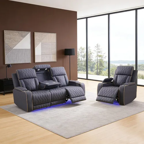 Vista 20 de Juego de sofá reclinable eléctrico para sala de estar, juego de sofá reclinable de pana con luces LED, puertos USB, almacenamiento oculto, juego