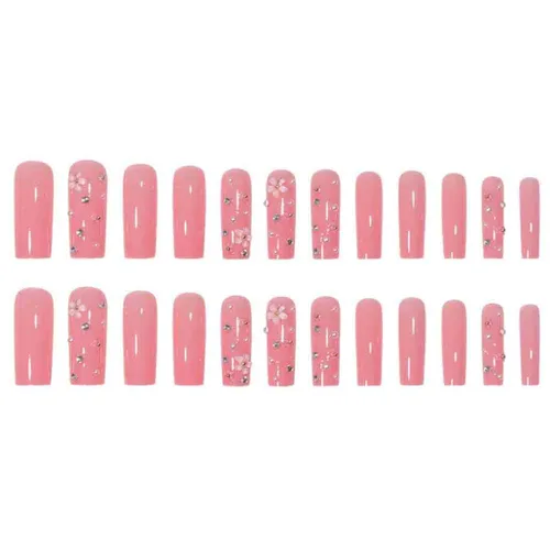 Vista 2 de Foccna Uñas postizas a presión de color rosa, uñas postizas largas con flores 3D, cuadradas, brillantes, diamantes de imitación, uñas artificiales