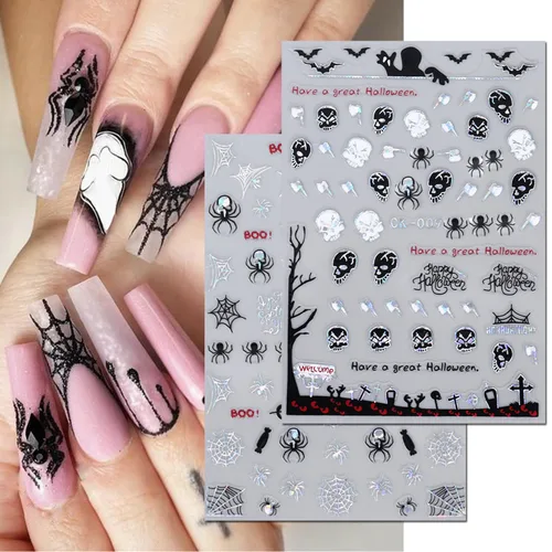 Vista 4 de 6 hojas de calcomanías de arte de uñas de Halloween – Calcomanías de uñas de Halloween autoadhesivas 3D de dibujos animados fantasma, esqueleto