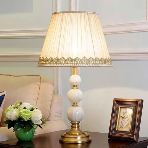 Vista 5 de Lámpara de noche de 25.6 pulgadas con base de metal y pantalla de seda, lámpara de escritorio de mármol para sala de estar y dormitorio, fácil