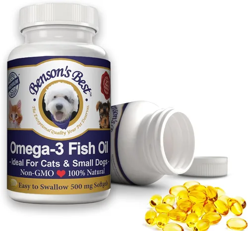 Benson's Best Aceite de pescado Omega 3 para gatos y perros pequeños – 200 cápsulas blandas de 500 mg – 43% más ácidos grasos Omega 3 que el aceite