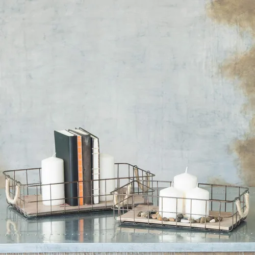 Vista 5 de Stonebriar Juego de 2 cestas rectangulares apilables de alambre de metal y madera con asas envueltas en cuerda, decoración rústica