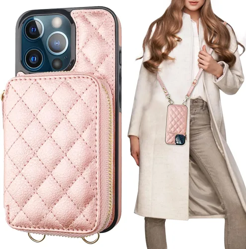 Vista 14 de Bocasal Funda tipo cartera cruzada para iPhone 13 Pro, con bloqueo RFID, de piel sintética, con cremallera, funda tipo cartera con función atril