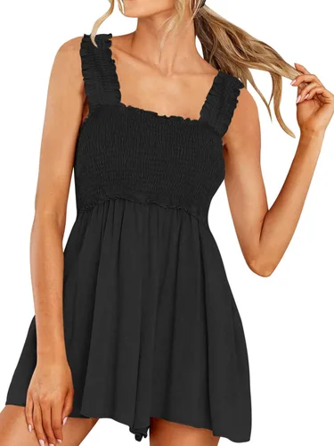 Vista 2 de DEEP SELF Mameluco de verano sin mangas para mujer, cuello cuadrado, tirantes con volantes, con bolsillos