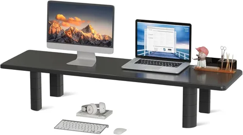 suptek Soporte elevador de monitor doble, 32.28 pulgadas para monitor grande para 2 monitores, soporte de monitor de computadora, estante de madera
