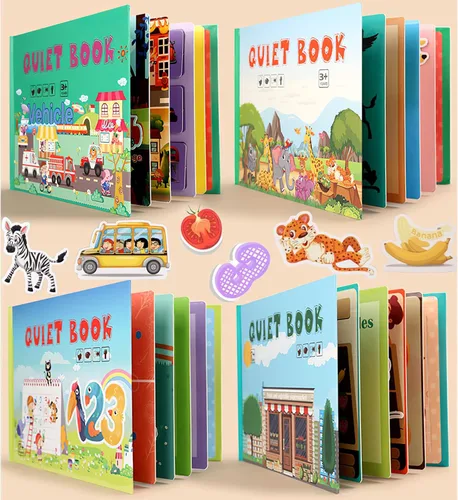 Paquete de 4 libros de bricolaje para niños pequeños, libro silencioso Montessori con animales, vehículo, número, actividades de aprendizaje
