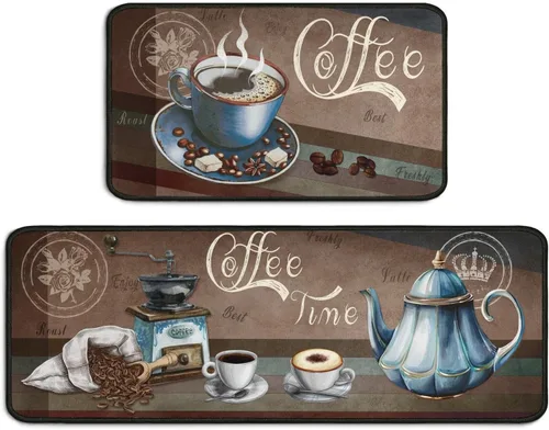 Vista 8 de Juego de 2 alfombras decorativas de café, antideslizantes, lavables, absorbentes, de microfibra para el suelo de la cocina, de 17"x47" + 17"x30