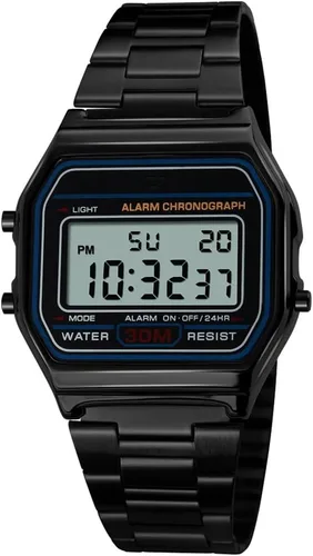 PASOY Reloj Digital para Hombre de Acero Inoxidable Dorado con Retroiluminación, Multifunción, Cronómetro, Resistente al Agua, Reloj Deportivo