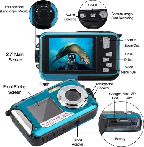 Vista 5 de Acuvar Cámara submarina de 48MP con tarjeta de 32 GB – Cámara digital impermeable de 11 pies, selfie de doble pantalla, enfoque automático, cámara